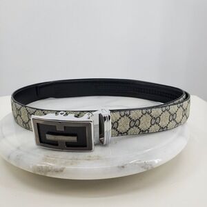 Royal Shoes Mens Monogram Ratchet Belt Beige Black Canvas Leather Size 44